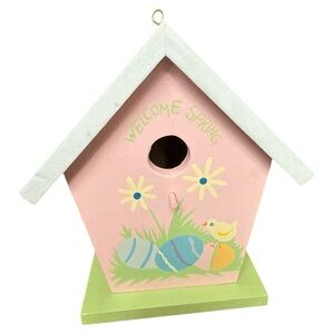 Pink Wooden Spring Birdhouse Décor Welcome Spring Easter Eggs Chick Hand Painted